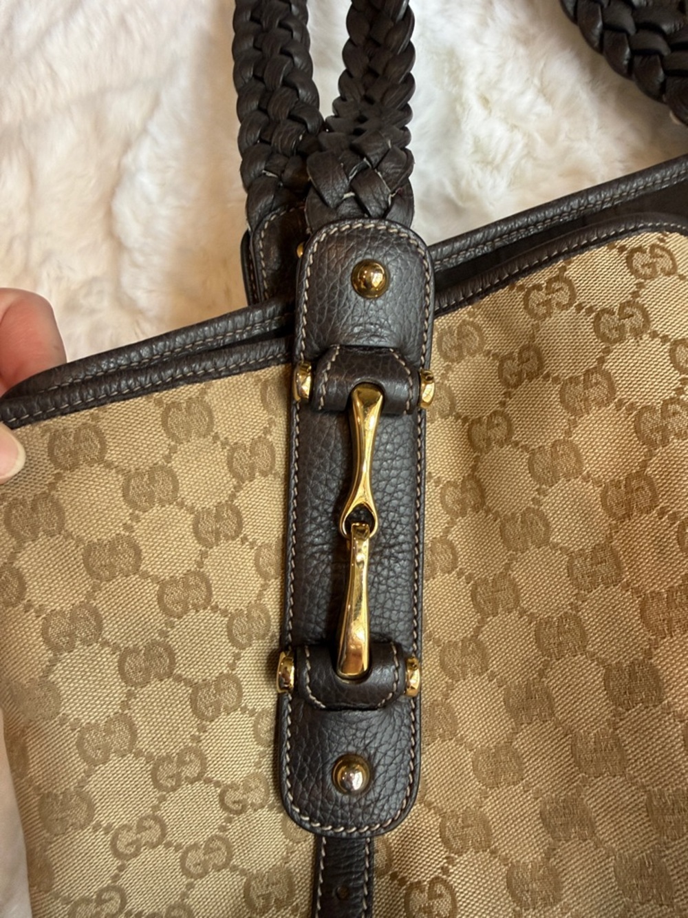 Gucci Tan Monogram Canvas Shoulder Bag with Dark Brown Trim - Picture 10 of 16